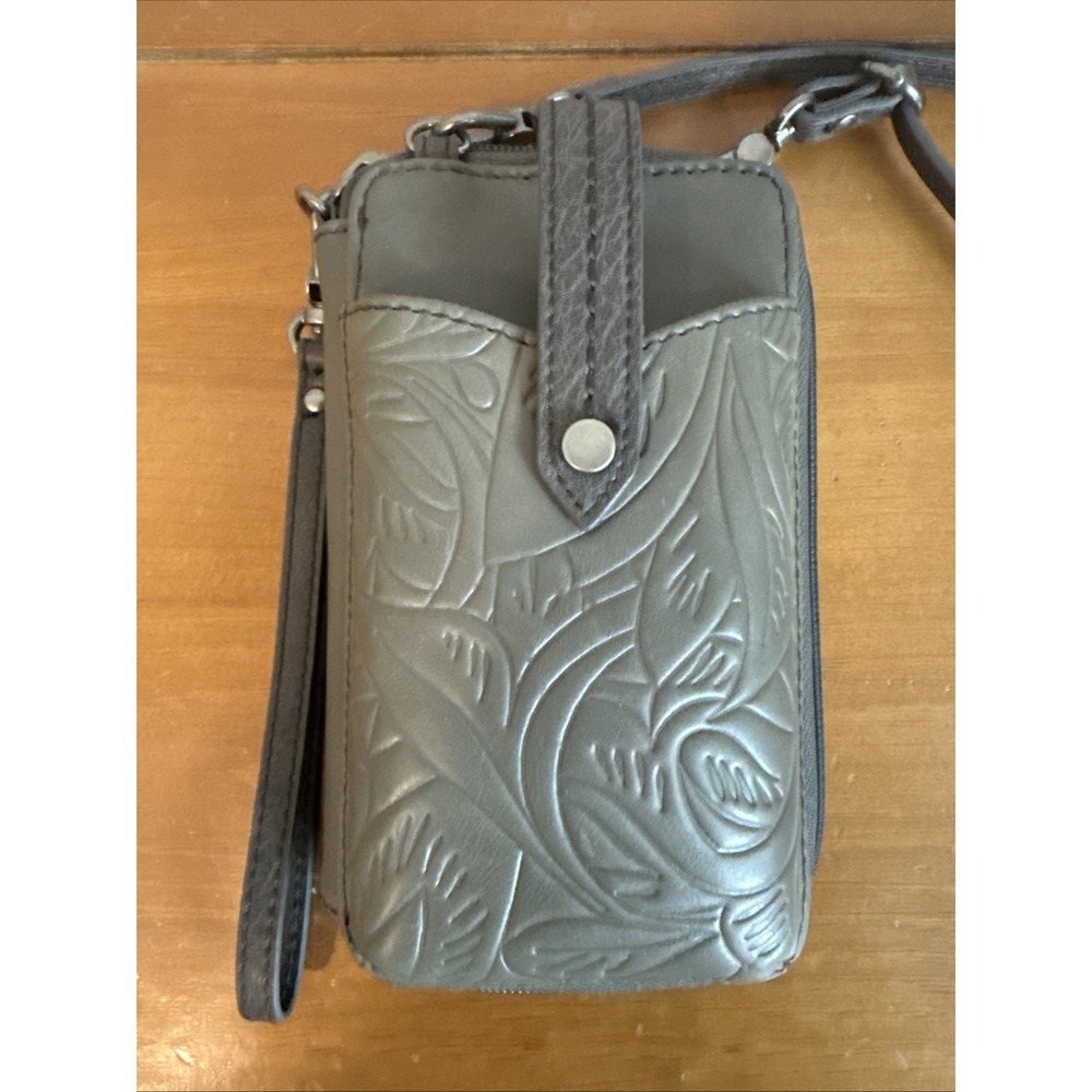 The Sak Iris Leather Smartphone Crossbody Wallet – Slate Leaf Embossed